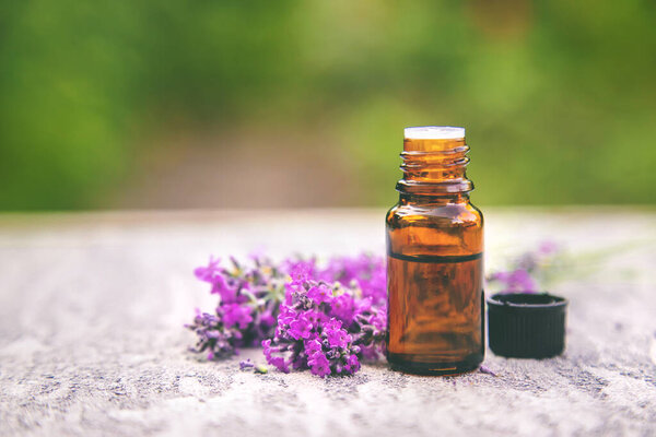 Lavender essential oil in a small bottle. Selective focus. nature.