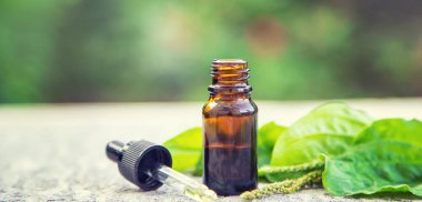 Bitki yağı küçük bir şişede. Seçici odaklanma. Doğa.