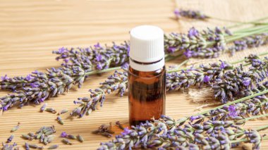 Lavanta yağı küçük bir şişede. Seçici odaklanma. Doğa.