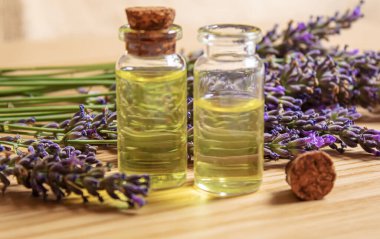 Lavanta yağı küçük bir şişede. Seçici odaklanma. Doğa.
