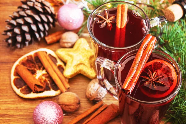 Vinho Quente Natal Feliz Natal Copo Vinho Quente Com Canela — Fotografia de Stock