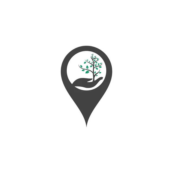 手ベクトルロゴデザインの木 天然物のロゴ ハンドツリーマップピン形状コンセプトロゴデザイン — ストックベクタ