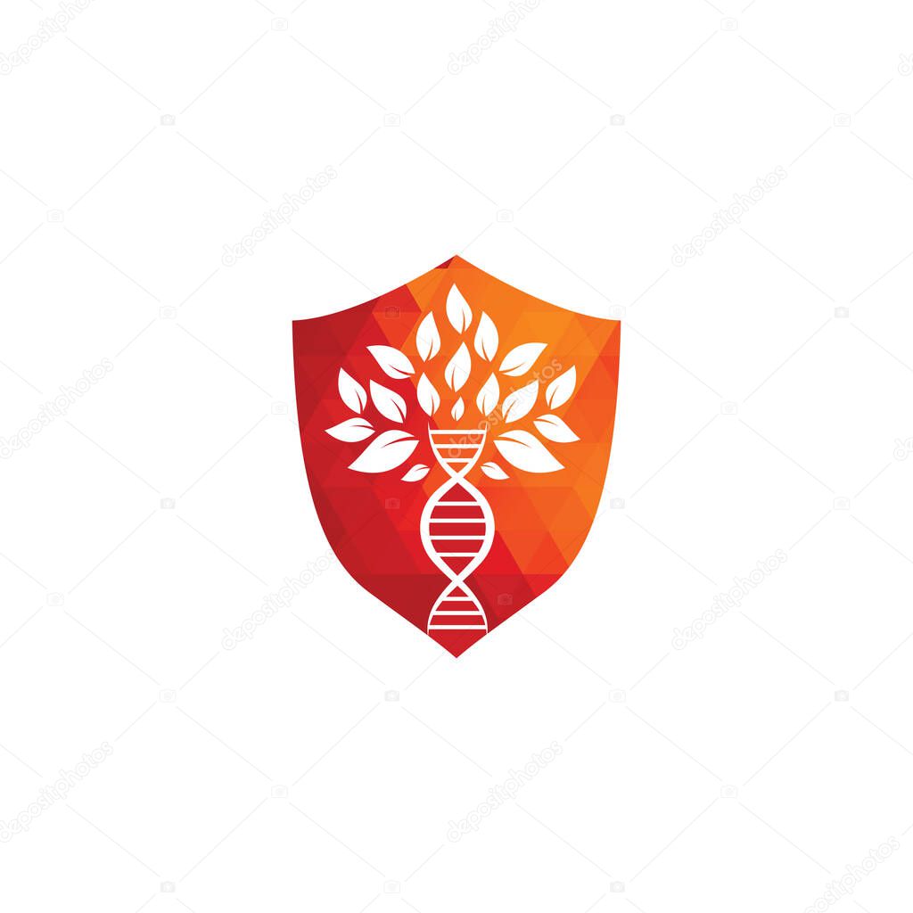 Dna tree shield shape concept vector logo design. DNA genetic icon. DNA with green leaves vector logo design.