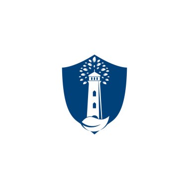 Yeşil deniz feneri kalkanı şekilli konsept logo şablonu tasarımı. Yaprak ve Deniz Feneri Logo Şablonu