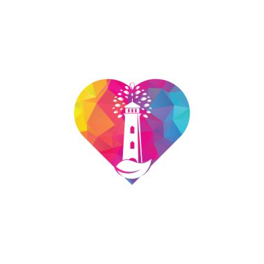 Yeşil deniz feneri kalp şekilli konsept logo şablonu tasarımı. Yaprak ve Deniz Feneri Logo Şablonu