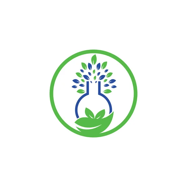 ラボの木のロゴ 緑のラボベクトルロゴデザイン 葉とラボボトルのロゴ — ストックベクタ
