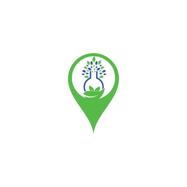 Labツリーマップピン形状コンセプトロゴ 緑のラボベクトルロゴデザイン 葉とラボボトルのロゴ — ストックベクタ