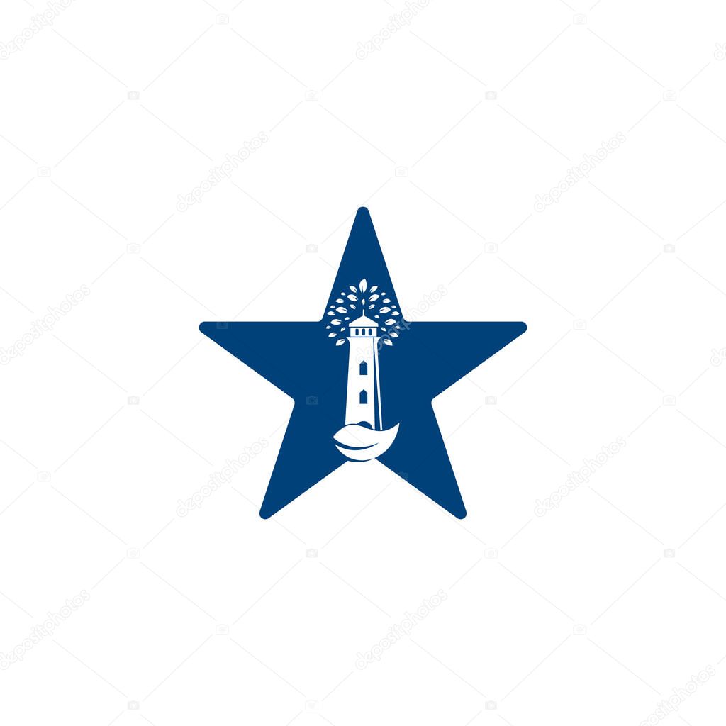 Green lighthouse star shape concept logo template design. Leaf and Lighthouse Logo Template
