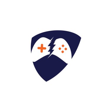 Yıldırım oyunu kalkanı şekilli konsept logo tasarımı. Şimşek simgesi logosuyla oyun kontrolü