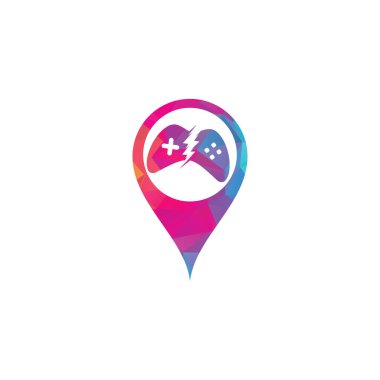 Thunder oyun haritası pin şekilli logo tasarımı. Şimşek simgesi logosuyla oyun kontrolü