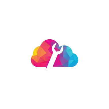 İngiliz anahtarı bulutu şekilli logo tasarım şablonu vektörü. Swoosh grafik elementi ile logo simgesini onar