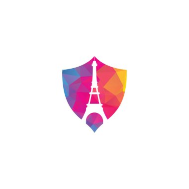 Eyfel Kulesi Kalkan şekilli konsept logo tasarım şablonu. Paris logo tasarımı