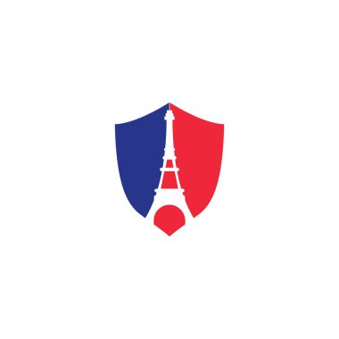 Eyfel Kulesi Kalkan şekilli konsept logo tasarım şablonu. Paris logo tasarımı