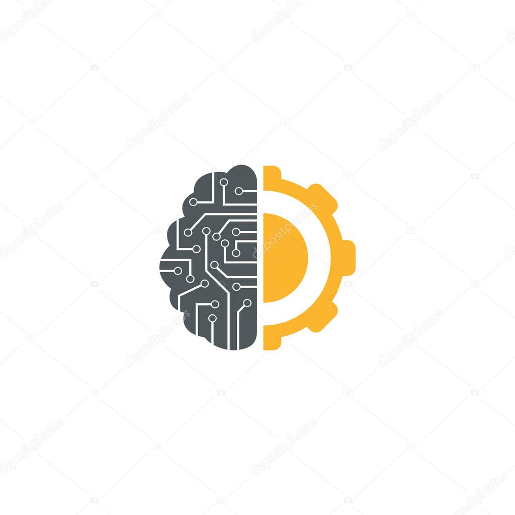 Brain and gear cog logo design. Education and mechanic symbol or icon. Unique science and industrial logotype design template