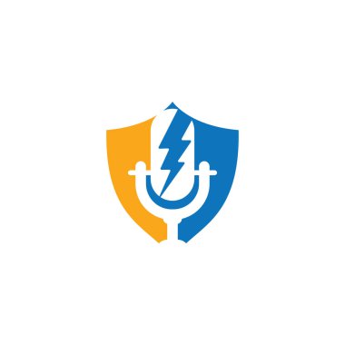 Podcast ve yıldırım kalkanı şekilli konsept logo tasarımı. Mikrofon vektör logosu tasarımı. Şimşek / güçlü konsept ile.