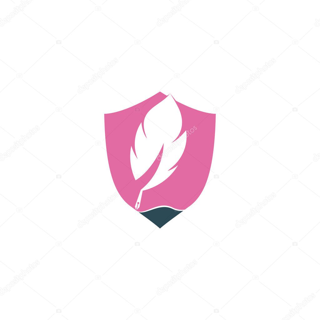 Feather Quill shield shape concept symbol vector design. Education and publication logo concept.