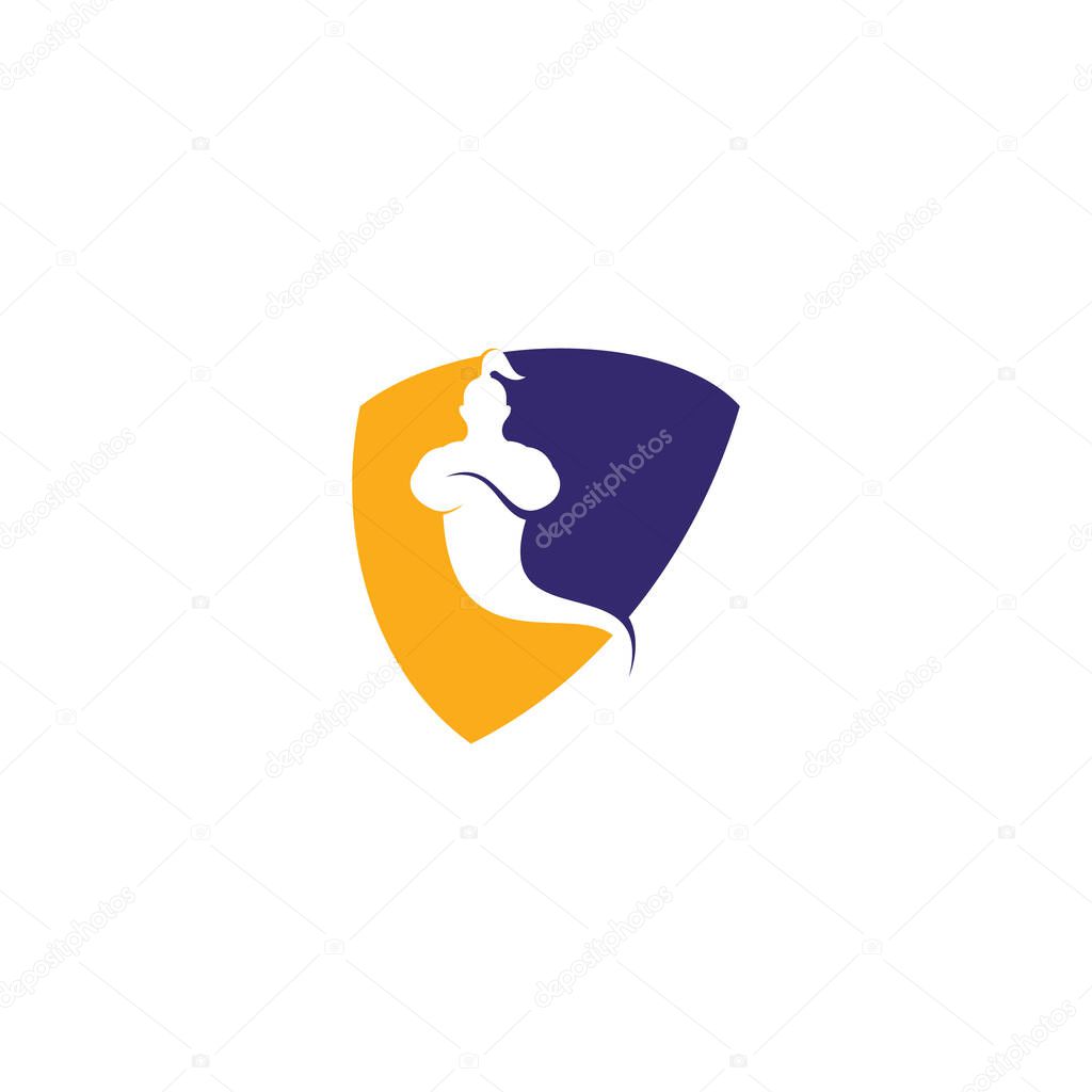Genie shield shape concept Logo Design. Magic Fantasy genie concept logo.