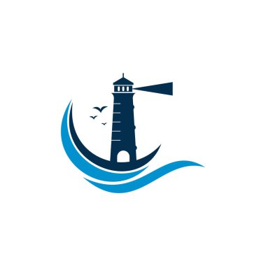 Deniz feneri vektör logosu tasarımı. Dalgalar Deniz feneri simgesi logo tasarım vektör şablonu çizimi.