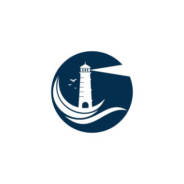 Deniz feneri vektör logosu tasarımı. Dalgalar Deniz feneri simgesi logo tasarım vektör şablonu çizimi.