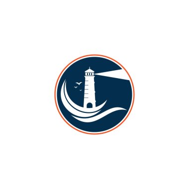Deniz feneri vektör logosu tasarımı. Dalgalar Deniz feneri simgesi logo tasarım vektör şablonu çizimi.