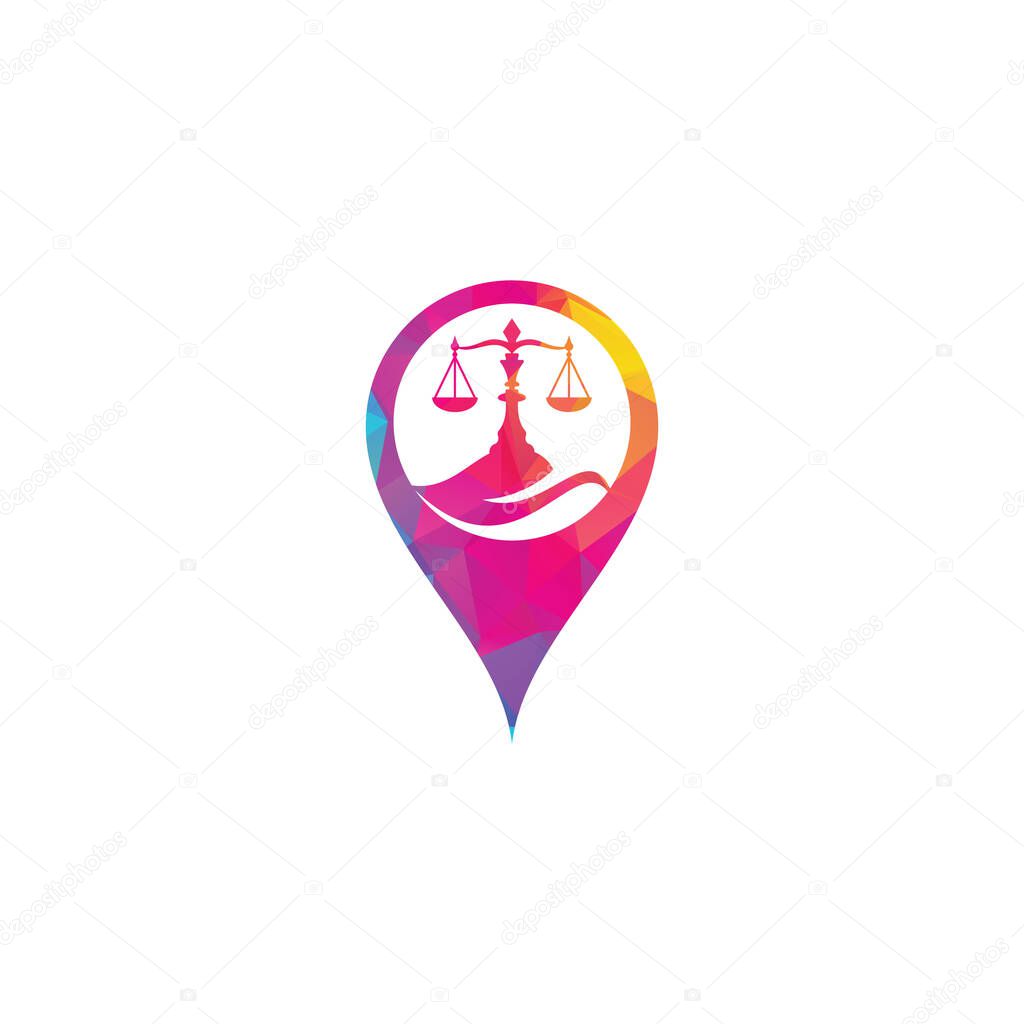 Leaf and law map pin shape concept logo design template. Green Scales logo concepts. Law firm with Leaf logo vector