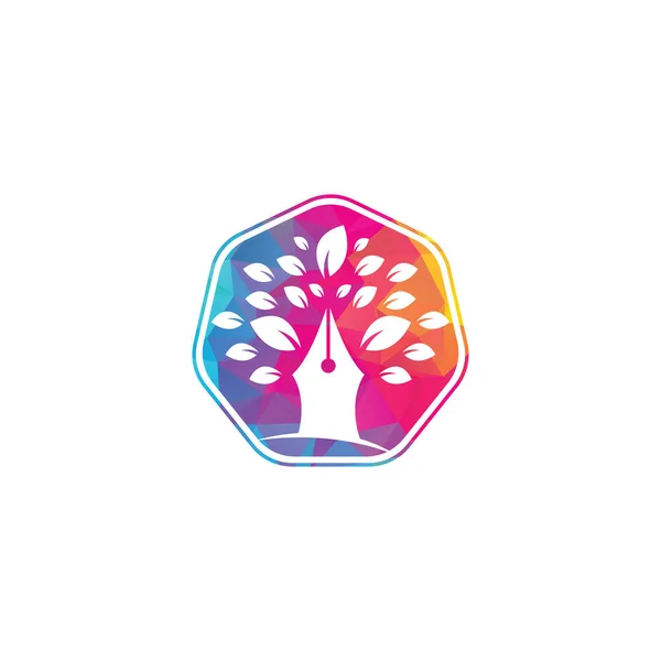 Szablon Projektu Logo Drzewa Pióra Logo Społeczności Edukacyjnej Pisarskiej Liść — Wektor stockowy