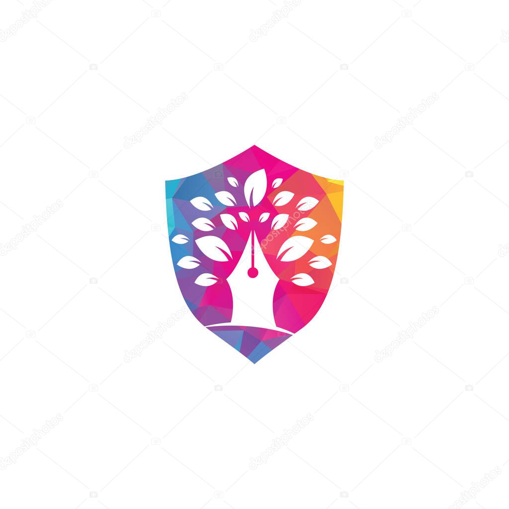Pen tree shield shape concept logo design template. Pen Tree Leaf Creative Business Logo Design