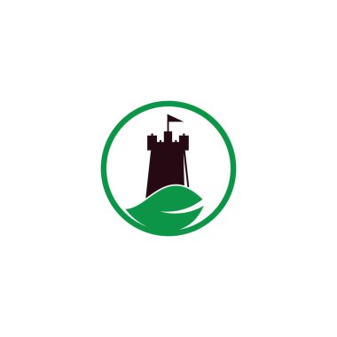 Kale ve yaprak logo kombinasyonu. Kule ve ekolojik sembol veya simge. Doğa Kalesi logosu konsept vektörü tasarladı