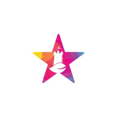 Kale ve yaprak yıldızı şekilli konsept logo tasarımı. Kule ve ekolojik sembol veya simge. Doğa Kalesi logosu konsept vektörü tasarladı