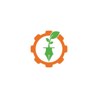 Yaprak ve kalem dişli konsept logo tasarımı. Eğitim ve yazar topluluğu Logosu.