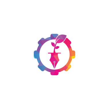 Yaprak ve kalem dişli konsept logo tasarımı. Eğitim ve yazar topluluğu Logosu.
