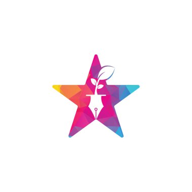 Yaprak ve kalem yıldız şekilli konsept logo tasarımı. Eğitim ve yazar topluluğu Logosu.