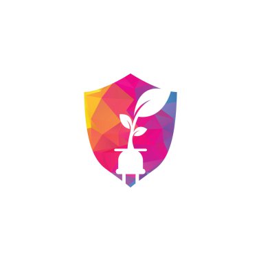 Eko Plug kalkanı konsept vektör logosu tasarımı. Yaprak dolgusu enerji logosu kavramı.