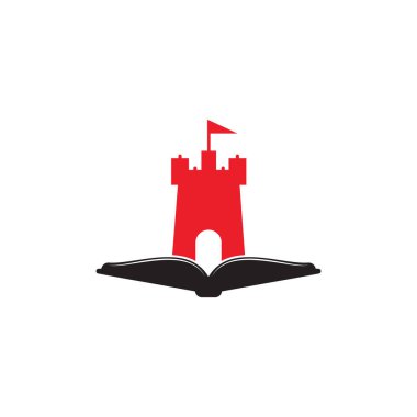 Castle Book Logo Şablonu Tasarım Vektörü. Kitap ve kale logosu kombinasyonu. Kule ve pazar simgesi veya simgesi.