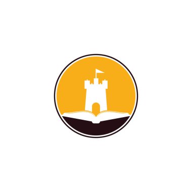 Castle Book Logo Şablonu Tasarım Vektörü. Kitap ve kale logosu kombinasyonu. Kule ve pazar simgesi veya simgesi.