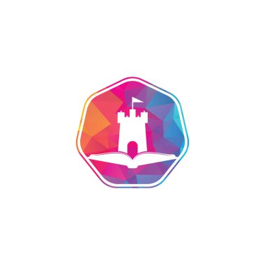 Castle Book Logo Şablonu Tasarım Vektörü. Kitap ve kale logosu kombinasyonu. Kule ve pazar simgesi veya simgesi.