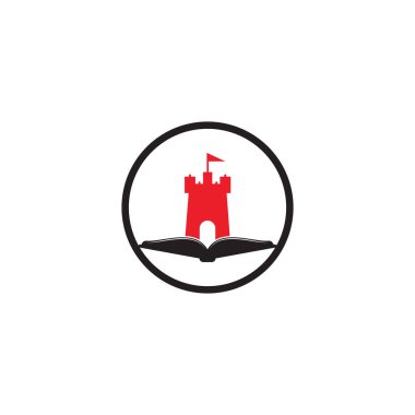 Castle Book Logo Şablonu Tasarım Vektörü. Kitap ve kale logosu kombinasyonu. Kule ve pazar simgesi veya simgesi.