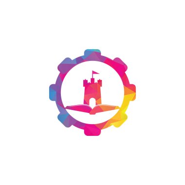 Castle Book vites şekilli logo şablonu tasarım taşıyıcısı. Kitap ve kale logosu kombinasyonu.