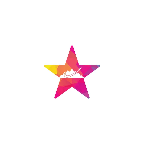 飛行機と山の星形のコンセプトベクトルのロゴデザイン 旅行ロゴデザイン 山のロゴが入った飛行機 — ストックベクタ