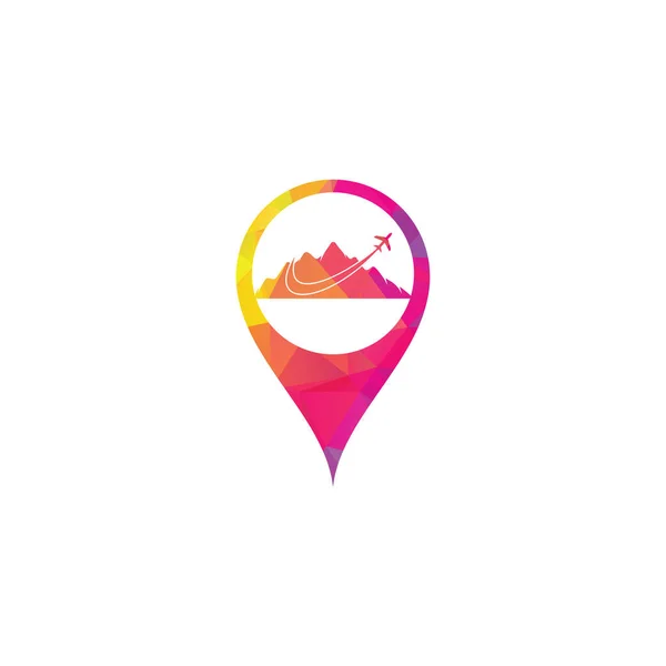 Αεροπλάνο Και Mountain Map Pin Σχήμα Έννοια Διάνυσμα Σχεδιασμό Λογότυπου — Διανυσματικό Αρχείο
