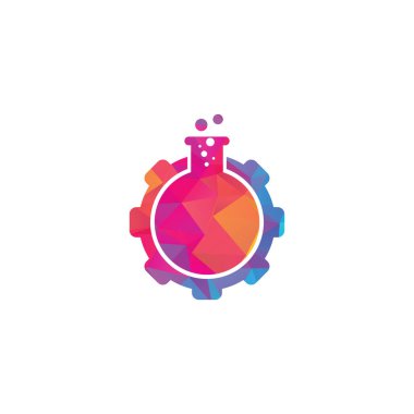 Vites Laboratuvarı Logo Tasarım Şablonu. Laboratuar vites logosu ve vektör üzerinde laboratuvar camı ve vites kombinasyonu.