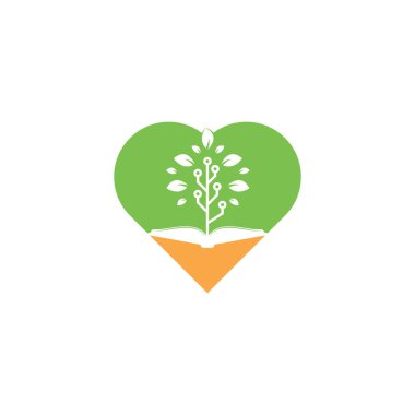 Kitap ve teknoloji ağacı kalp şekli konsept logo tasarımı. Eğitim teknolojisi logo tasarım vektörü