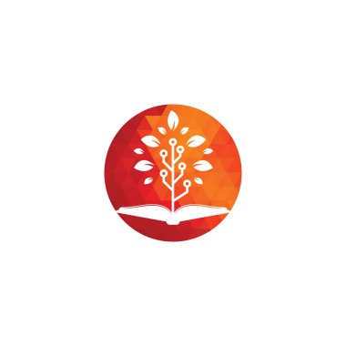 Eğitim teknolojisi logosu tasarım vektörü. Kitap ve teknoloji ağaç logosu tasarımı.