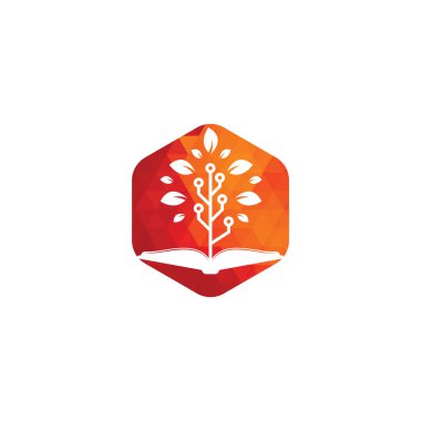 Eğitim teknolojisi logosu tasarım vektörü. Kitap ve teknoloji ağaç logosu tasarımı.