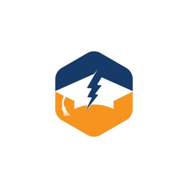 Flaş eğitim başlığı vektör logosu şablonu. Gök gürültüsü ve şapka sembolü