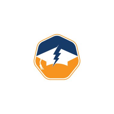 Flaş eğitim başlığı vektör logosu şablonu. Gök gürültüsü ve şapka simgesi simgesi.