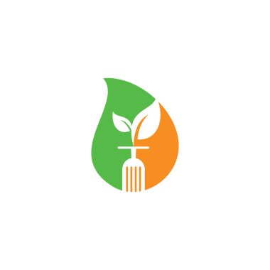 Sağlıklı gıda damlası şekilli konsept logo şablonu. Kaşık ve yaprak sembollü organik gıda logosu.