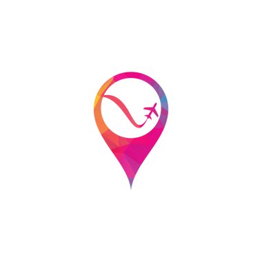 Uçak ve Seyahat haritası pin şekli konsepti logosu. Simge & Vektör Şablonu.