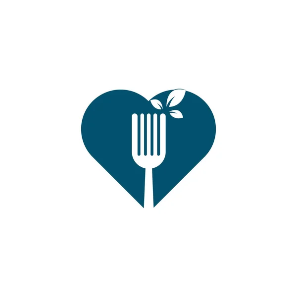 Healthy Food Concepto Forma Corazón Diseño Logotipo Tenedor Hoja Logo — Archivo Imágenes Vectoriales