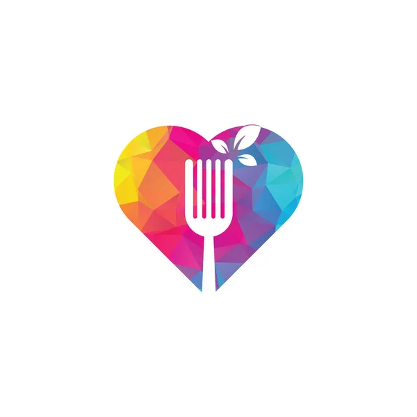 Healthy Food Concepto Forma Corazón Diseño Logotipo Tenedor Hoja Logo — Archivo Imágenes Vectoriales